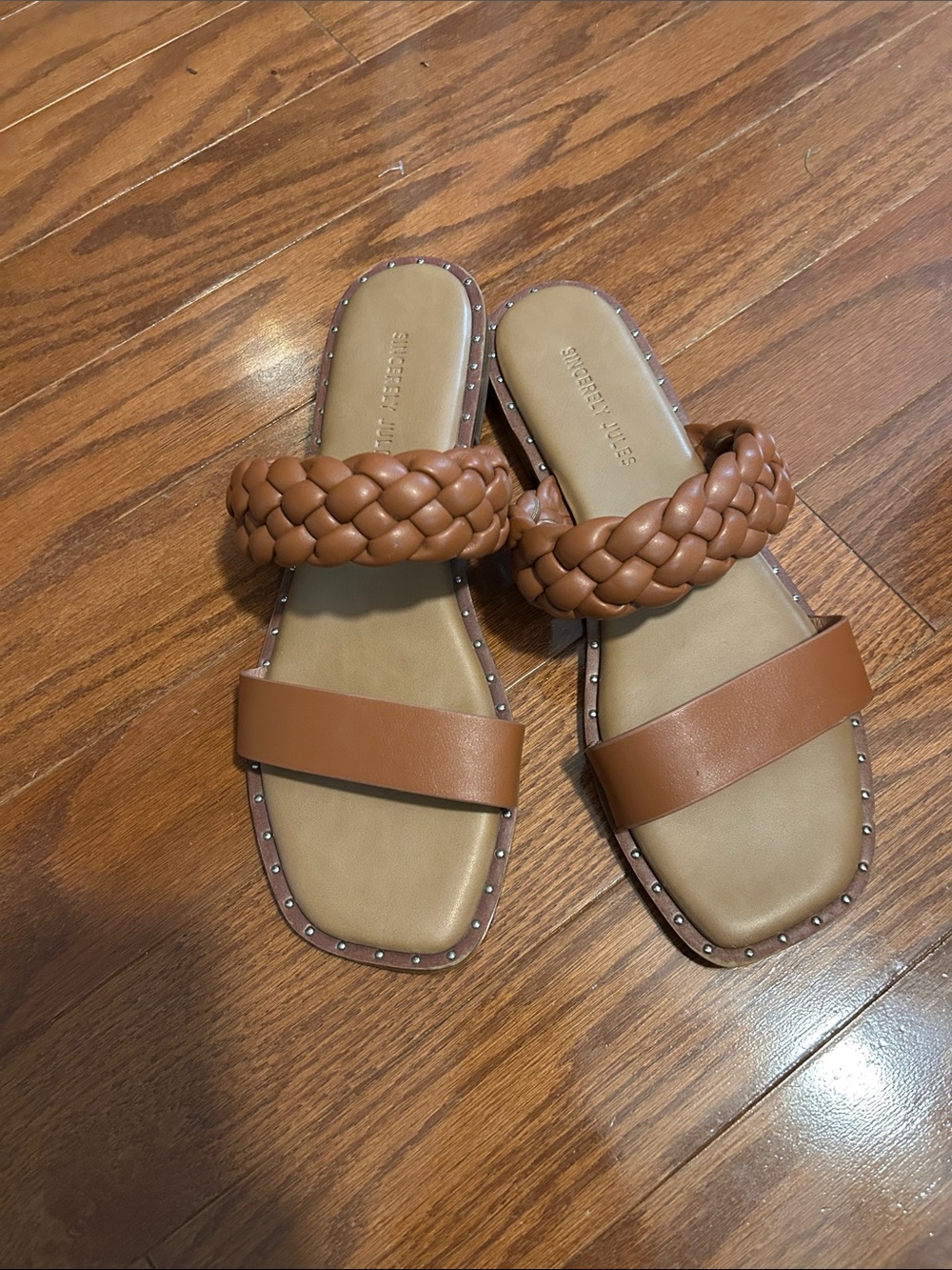 Sincerely Jules Braided Double-Strap Tan Slide Sandals